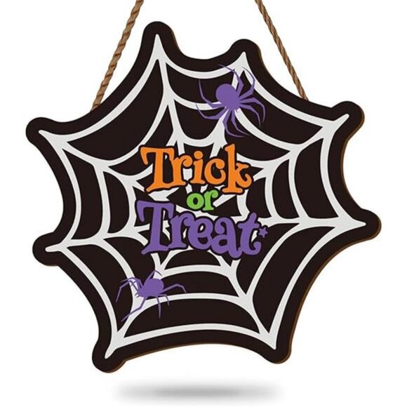 Halloween Spider Web Door Sign Trick or Treat Wooden Hanging Sign - Picture 8 of 8